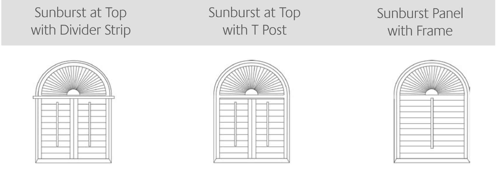 Sunburst at Top with Divider Strip, Sunburst at top with T Post & Sunburst Panel with Frame shutters